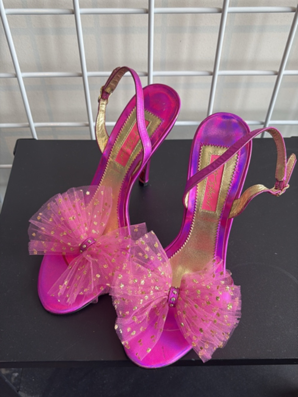 Betsey Johnson Fuchsia Satin Slingback Heels with Gold-Dotted Tulle Bows